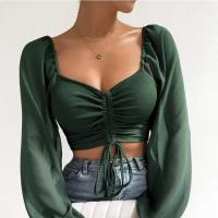 Camiseta Sexy de malla con mangas acampanadas y cordón para mujer, camiseta con ombligo descubierto en el pecho, parte inferior de manga larga - details 4