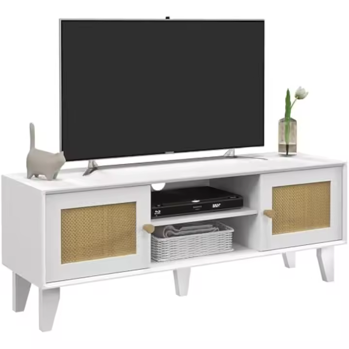 Mueble de TV para televisores de hasta 55 pulgadas con estante ajustable y 2 puertas de ratán para dormitorio o salón 120x35x46 cm blanco - 1