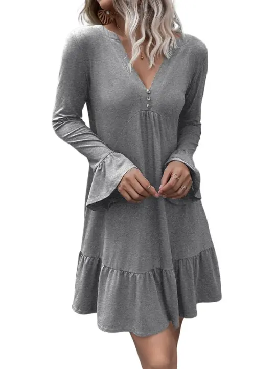 Vestido de manga larga con volantes para mujer, traje elegante y bonito de Color sólido con cuello en V, algodón Kpop X, una pieza, elástico completo G - 1