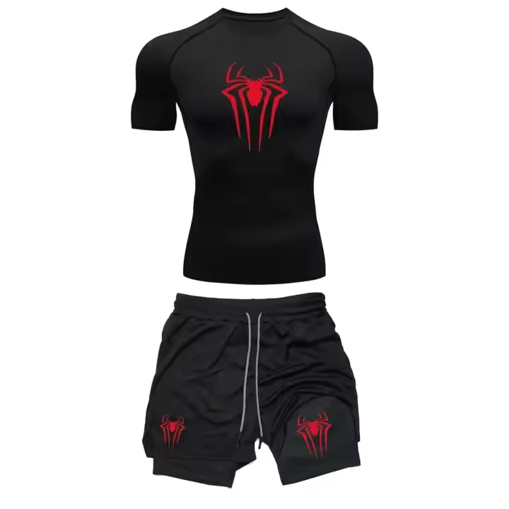 Kit de entrenamiento para hombre con estampado de arañas para gimnasio T- transpirable Runni Shor Spor Gud - 1