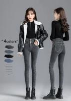 Pantalones vaqueros térmicos de lana gruesa para mujer, Vaqueros ajustados cálidos de cintura alta, pantalones pitillo con botones elásticos, pantalones vaqueros informales de terciopelo para mamá - details 4