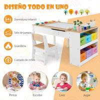 Juego de Mesa y 2 Sillas de Arte para Niños, Escritorio de Juegos y Manualidades 2 en 1 para Niños con Mesa Elevable, Rollo de Papel, Vasos de Pintura y 6 Contenedores (Natural) - details 4