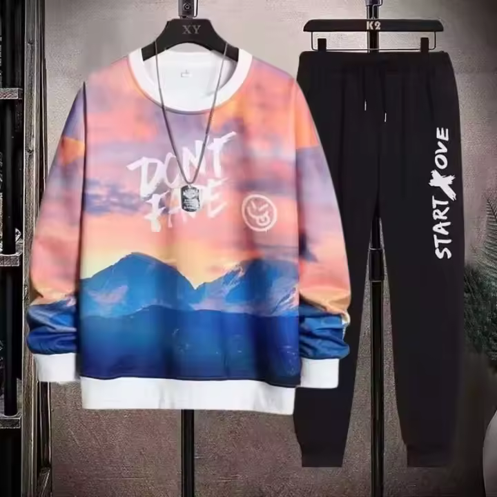 Primavera y otoño nueva moda pulóver sudadera Casual suelta de manga larga para hombres ropa deportiva traje deportivo de dos piezas - 1