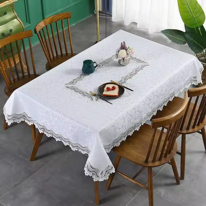 Elegante mesa de comedor con lujosa mantel bordado rectangular, mantel blanco, decoración de boda - 1