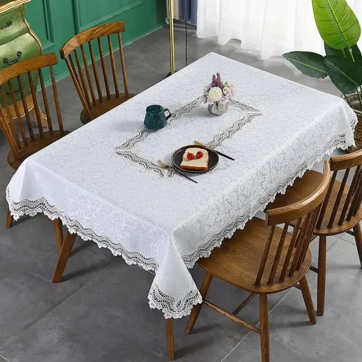 Elegante mesa de comedor con lujosa mantel bordado rectangular, mantel blanco, decoración de boda - 1
