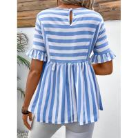 Nuevo Vestido camisero de verano para mujer, cuello redondo, manga con volantes, holgado, cómodo, a rayas - details 5