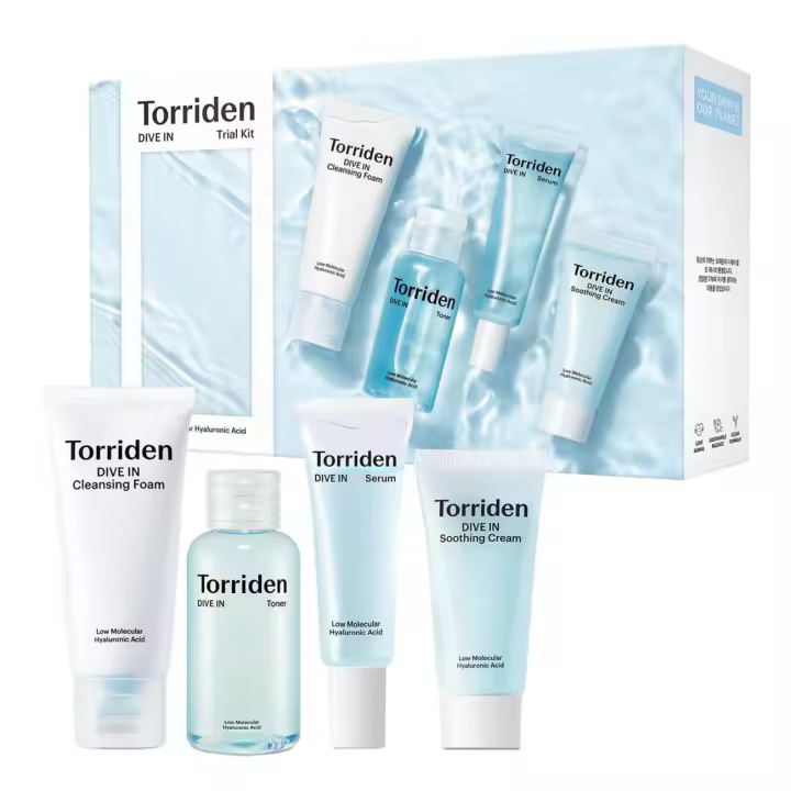 Torriden DIVE IN Trial Kit de cuidado diario para el cuidado de la piel con infusión de ácido hialurónico: régimen de 4 pasos con limpiador en espuma, tónico facial, suero y - 1