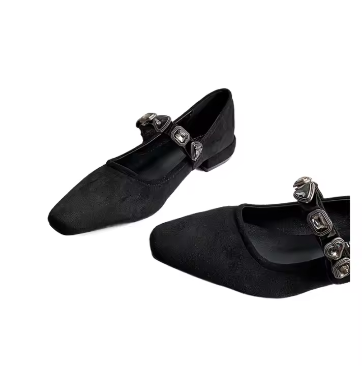 Zapatos Mary Jane de estilo coreano con estampado de leopardo y cabeza cuadrada pequeña, estilo coreano, con tiras de diamantes y boca baja, para mujer, nuevo estilo 2025 - 1