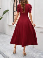 Primavera Verano elegante cintura con cuello en V Color sólido vestido de manga corta moda mujer - details 11