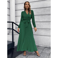 Vestido largo casual con cuello en V Murder de pliegues y encaje para damas 2025 - details 5
