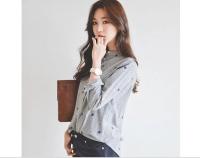 Camisa de mujer de manga larga adelgazante con cuello levantado a rayas frescas de estilo coreano bordado de hojas - details 5