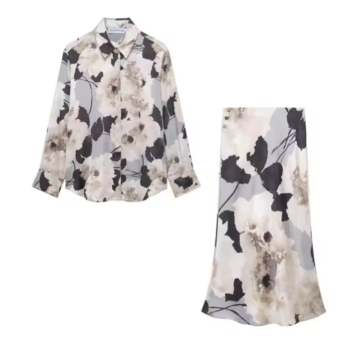 OUWU- Vintage Casual Chic Satén Mujer Traje Estampado De Flores Camisa De Manga Larga Falda Larga Nueva Moda 2025 Primavera Verano Conjuntos Sedosos - 1