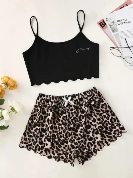 Conjunto de Pijama Estampado de Leopardo para Mujer Lencería Sexy, Ropa de Dormir con Cuello en V, Top Sin Mangas y Pantalones Cortos - 1