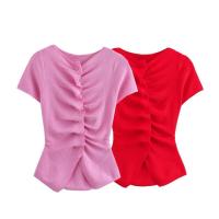 OUWU- Colección Europea Y Americana De 24 Otoño, Nuevo Estilo, Cierre De Botón, Decoración De Volantes, Cuello Redondo, Manga Corta, Top De Punto Para Mujer - details 0