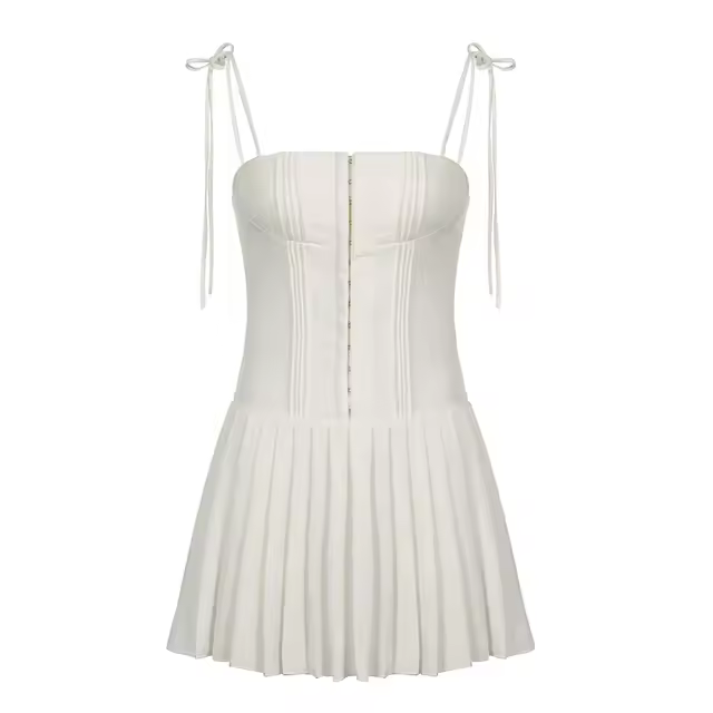 Mini vestido Corsé sin mangas Corte A Cinturón plisado Correas de encaje blanco Moda de venta al por menor - 1