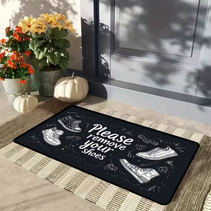 Alfombra de bienvenida antideslizante con letrero "Take Off Shoes", alfombra interior/exterior para entrada, cocina, sala de estar, decoración del hogar, regalo, franela - 1