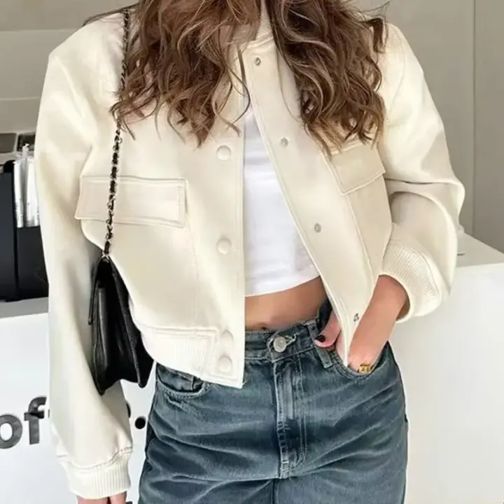 Chaqueta Bomber de Manga Larga de Color Sólido Abrigo Vintage Elegante para Mujeres - 1