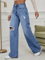 Pantalones rectos de pierna ancha, superventas, hasta la cintura, hasta el suelo, vaqueros rasgados para mujer, azul claro - details 2