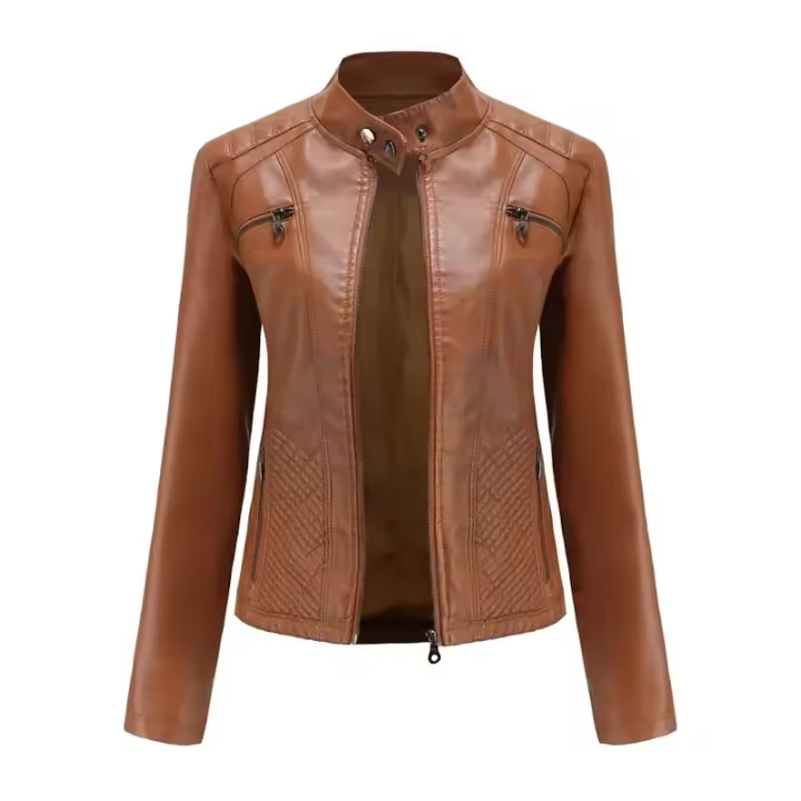 Chaqueta de Cuero de Moda para Mujer Primavera Otoño Estilo Motero con Cremallera - 1