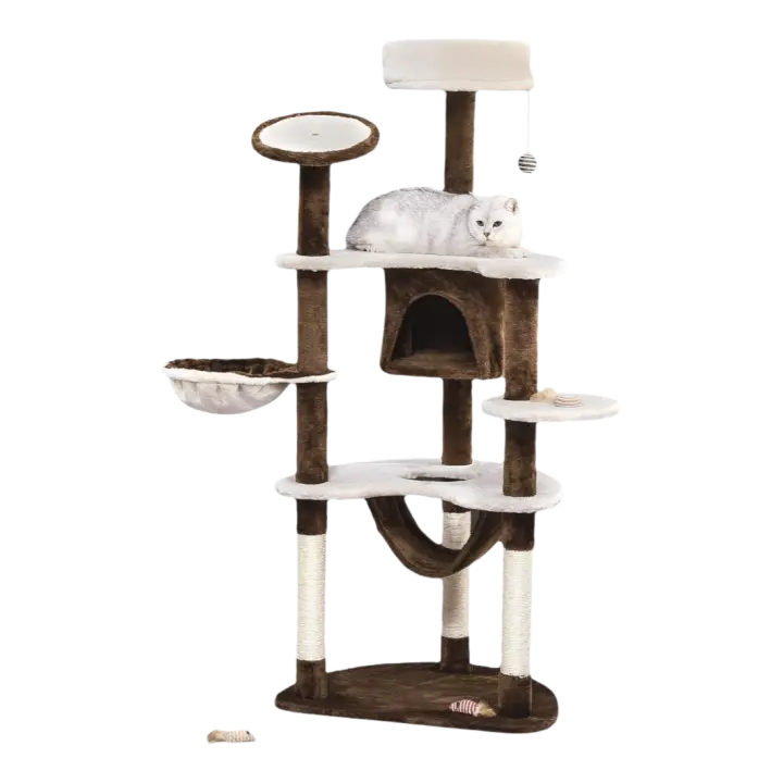 Árbol Rascador para Gatos Grande 65x50x153 cm Torre para Gatos Centro de Actividades con Múltiples Plataforma Poste Hamaca Bolas de Juguete y Cueva Marrón - 1