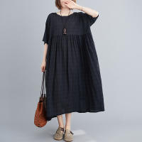 Elegante Vestido Negro de Algodón Vintage Manga Corta, Color Sólido, Moda Casual para Mujeres verano 2025 - details 14