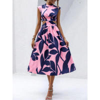 Vestido largo de mujer con estampado floral de plantas, cuello redondo, manga corta y cintura alta para el verano de 2024 - details 18