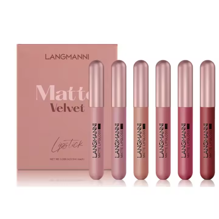 Langmanni Juego de 6 pcs labiales líquidos mate color nude - Tonos pigmentados y de larga duración, paquete de brillo labial, colección de regalo para niñas/mujeres - 1