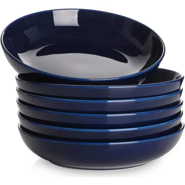 Cuencos de Pasta, 21,6 x 4,5 cm Platos Hondos de Porcelana, Platos para Ensalada Grande, Platos Ceramica Apto para Lavavajillas, Microondas y Horno-880 ml, Azul, Juego de 6 - 1