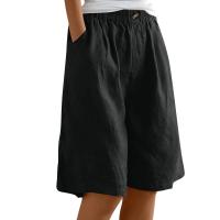 Pantalones Cortos de Lino y Algodón para Mujer Color Sólido, Cintura Suelta, Bolsillo, Botón, Moda Casual - details 4