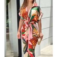 2024 nuevo estampado Irregular Slim Vestidos largos mujeres moda temperamento señora Leace-up Vestido de manga corta ropa de verano Vestidos - details 4