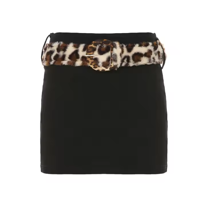 BUNO-Falda acampanada lisa de alta moda + cinturón de piel sintética de leopardo Y2K elegante nueva minifalda negra de moda - 1