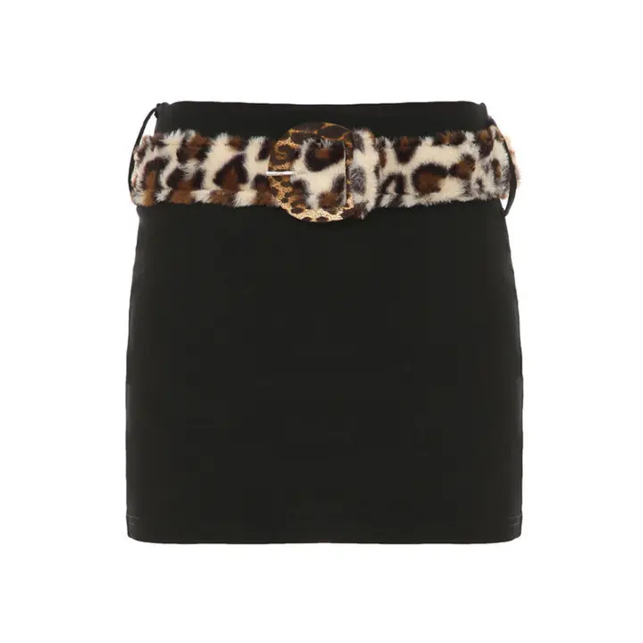 BUNO-Falda acampanada lisa de alta moda + cinturón de piel sintética de leopardo Y2K elegante nueva minifalda negra de moda - 1