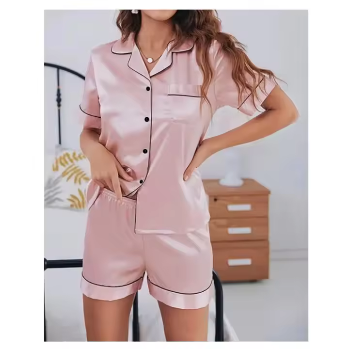 Conjunto De Pijamas De Seda Y Satén Para Mujer Verano Con Cuello Redondo Y Shorts 2 Piezas Dormitorio Elegante Pijama De Noche - 1