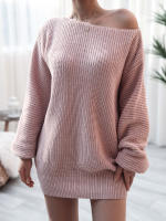 Vestido de suéter suelto de manga larga con cuello oblicuo para mujer, Mini Vestidos de punto casuales, Color sólido, Otoño e Invierno - details 9