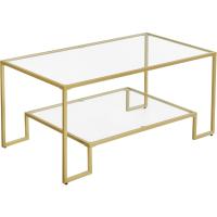 Centro de Vidrio, Mesa de Café con Almacenamiento, para Salón, Superficie de Vidrio Templado, Marco de Acero, 55 x 100 x 45 cm, Color Dorado LGT033A01 - details 0