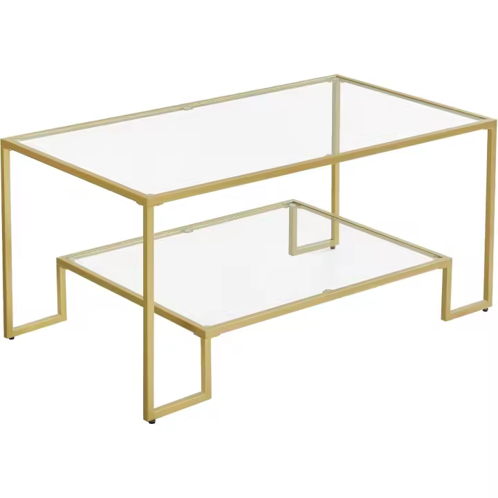Centro de Vidrio, Mesa de Café con Almacenamiento, para Salón, Superficie de Vidrio Templado, Marco de Acero, 55 x 100 x 45 cm, Color Dorado LGT033A01 - 1
