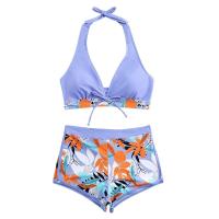 Bikini abierto con estampado de hojas retro en talla grande, conjunto de traje de baño de dos piezas con correas estables para mujer - details 97