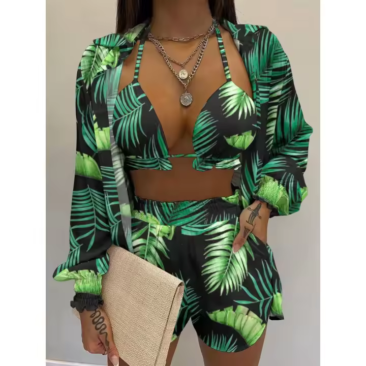 Conjunto de Bikini de Cintura Alta con Estampado Amarillo Traje de Baño Sexy de 3 Piezas para Mujeres Estilo Playero 2025 - 1