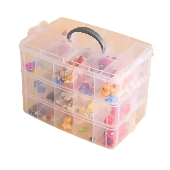 Caja de almacenamiento de plástico de 3 capas, caja de herramientas para manualidades transparente desmontable, 18 rejillas, contenedor de almacenamiento de cuentas de joyería extraíble para bricolaje - 1
