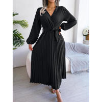 Vestido largo plisado con dobladillo grande para mujer, vestido cruzado de Color liso con cuello en V, moda de primavera y verano - details 6