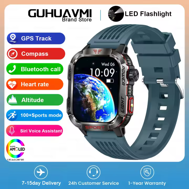 Reloj inteligente militar para hombre, pulsera con seguimiento GPS, Bluetooth, llamadas, batería de 2024 Mah, brújula, iluminación LED, novedad de 600 - 1