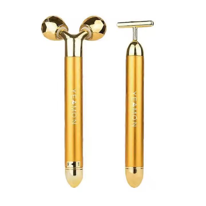 Barra de belleza 2 en 1, masajeador facial de pulso dorado de 24k, rodillo 3D eléctrico sónico - 1