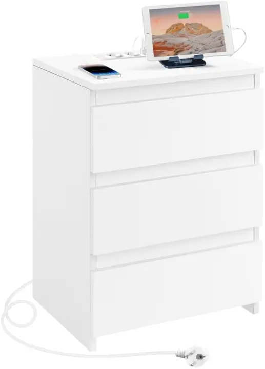 Mesita de Noche con 3 Cajones Mesilla de Noche de Nórdico para Dormitorio Mesita Auxiliar Minimalista para Cama Blanco - 1