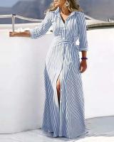 Vestido camisero para mujer, manga 2023, cuello vuelto, con cordones, estampado, Vestidos largos informales de moda de otoño - details 7