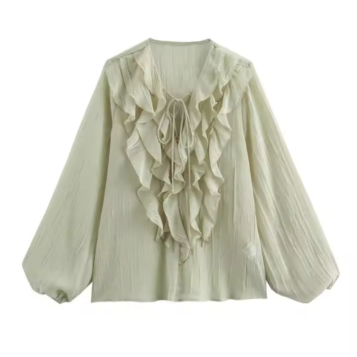 OUWU- Camisas Y Blusas Elegantes Con Volantes Para Mujer, Tops Semitransparentes De Manga Larga Para Mujer, Camisa Y Blusa, Primavera 2025 - 1