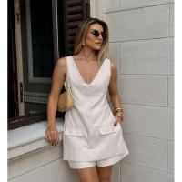 Conjunto de Top y pantalones cortos con cuello en V para mujer, traje de dos piezas para el lugar de trabajo, color caqui, para ir al trabajo - details 10