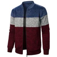 Autumn/winter men's stand-up collar striped check zipper knit top with fashion color matching - details 1