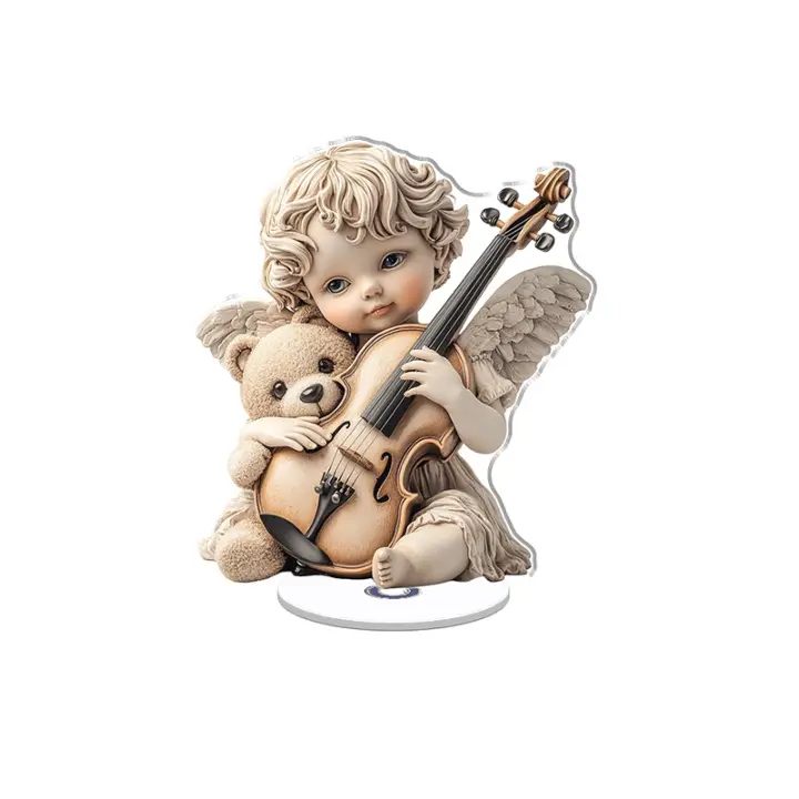 La pantalla acrílica giratoria presenta un ángel querubín con rizos esponjosos abrazando un violín, con los ojos grandes y maravillosos, con detalles vibrantes sobre un fondo impecable. - 1