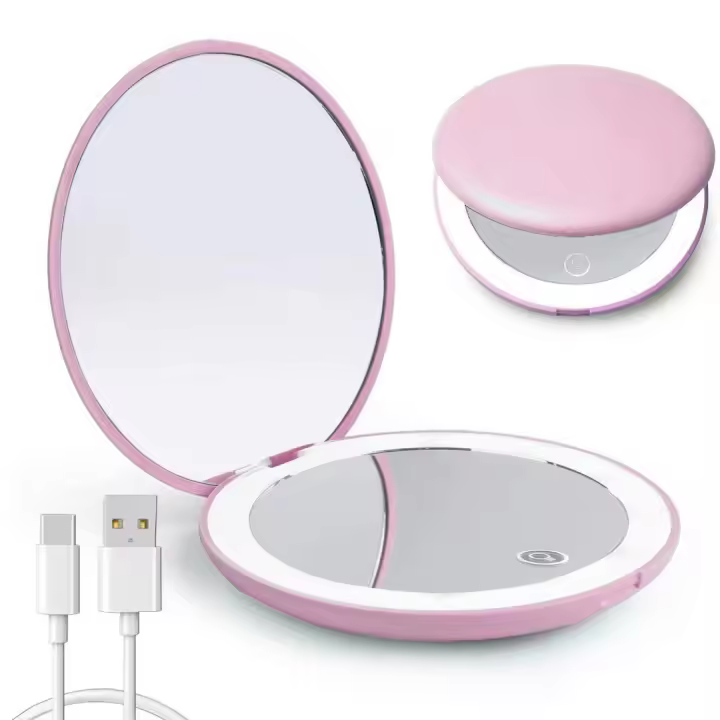 Espejo de aumento compacto LED, recargable, aumento 1x/10x, Rosa - 1