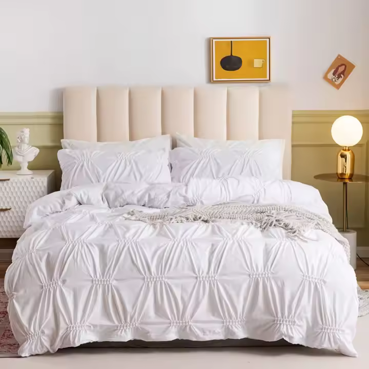 Cubierta de Edredón de Verano en Blanco con Pliegues de Pinzón Lujo Tamaño Queen King Set de Ropa de Cama 220x240cm - 1